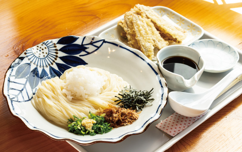 麺屋 桜美の「ぶっかけごぼうおろし」。大根おろしや薬味を添えた麺と、ごぼう天が器に盛られている